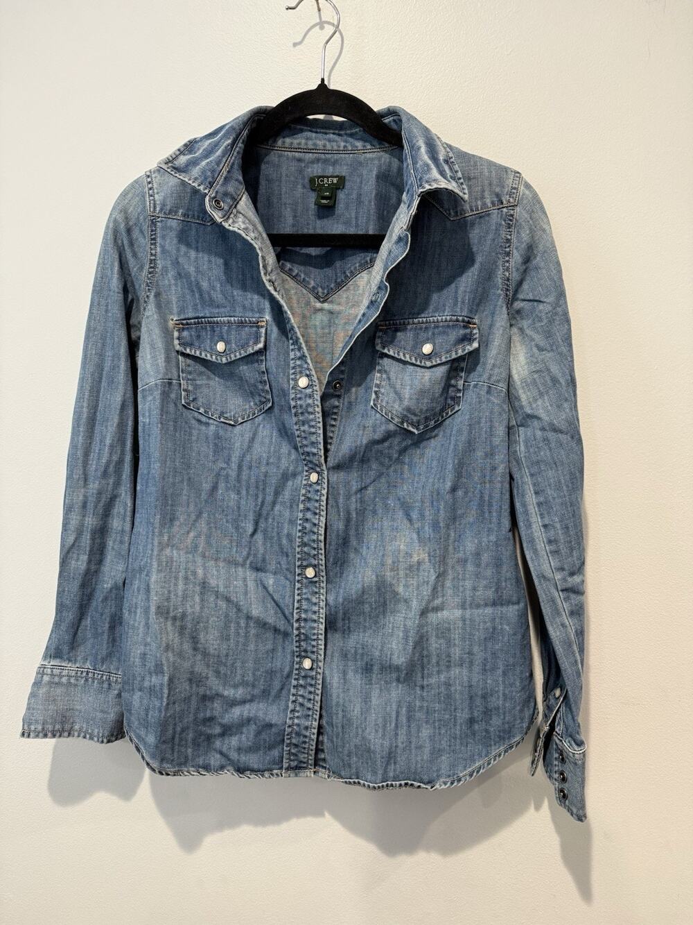 Women's J. Crew Blue Denim Chambray Pearl Snap Button Shirt Cotton Western XS